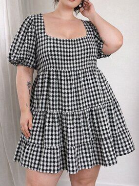 Arula Black White Gingham Tweed Mini Dress 2X Puff Sleeve Tiered Babydoll